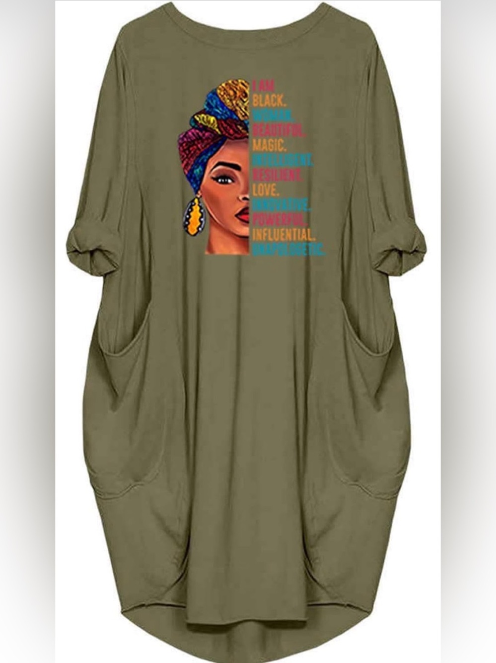 Black Woman Beautiful Magic Printed Loose Pocket Oversize Tunic T-Shirt Dress